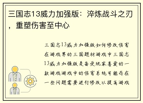 三国志13威力加强版：淬炼战斗之刃，重塑伤害至中心